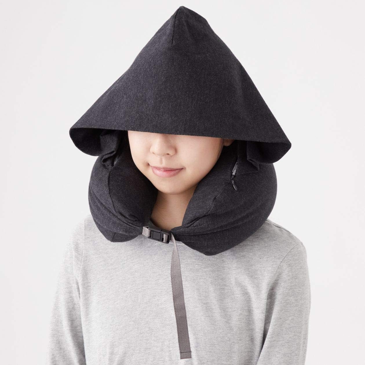 MUJI Multi Purpose Neck Cushion with Hood Melange Black 16x64cm New