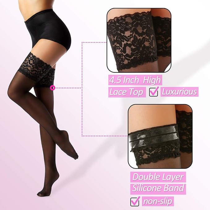 Thigh High Stockings with Silicone 15D Sheer Lace Top Nylon Stay Up Pantyhose for Women