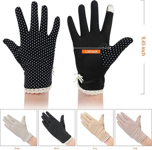 4 Pairs Summer Women Dots Sun Uv Protection Gloves Cotton Lace Anti-skid Driving Gloves, Black Camel Pink Beige, Medium