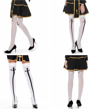 Cosplay Gothic Socks - 2 Pairs - Thigh High Halloween, Themed Party Stockings - Black and White - Printed Cross Sword Design - Novelty Hosiery for Women, Teens, Adult