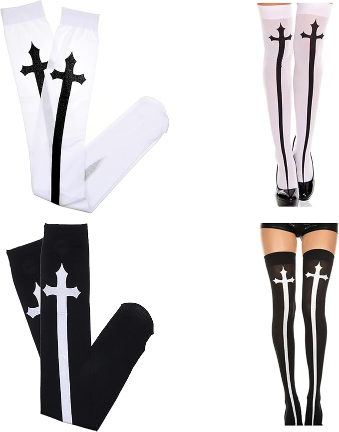 Cosplay Gothic Socks - 2 Pairs - Thigh High Halloween, Themed Party Stockings - Black and White - Printed Cross Sword Design - Novelty Hosiery for Women, Teens, Adult