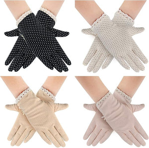 4 Pairs Summer Women Dots Sun Uv Protection Gloves Cotton Lace Anti-skid Driving Gloves, Black Camel Pink Beige, Medium