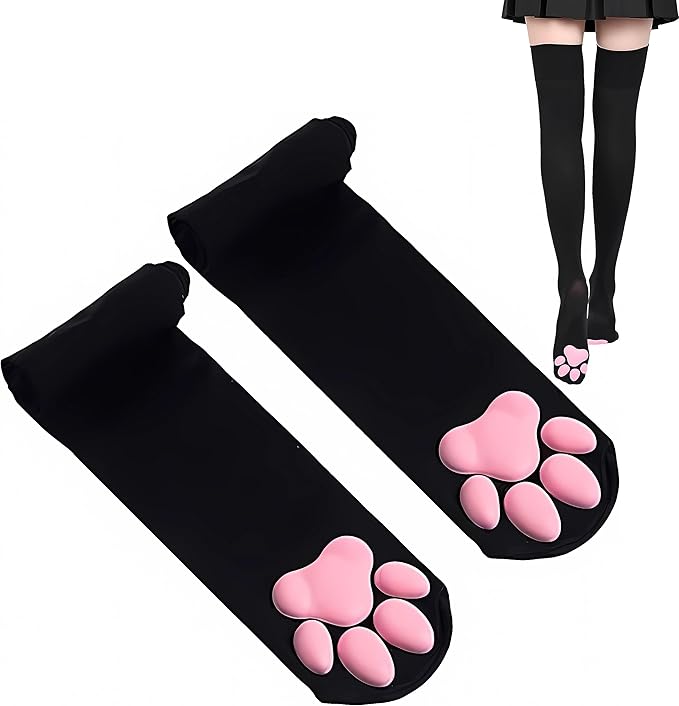 Cat Paw Pad Sock,Pink Cute Lolita Thigh High Socks for Girls kids Women Cosplay 3D Kitten Claw Stockings
