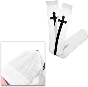 Cosplay Gothic Socks - 2 Pairs - Thigh High Halloween, Themed Party Stockings - Black and White - Printed Cross Sword Design - Novelty Hosiery for Women, Teens, Adult