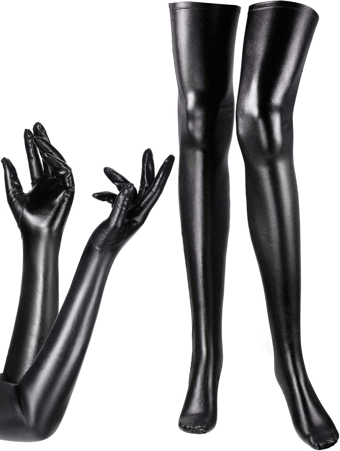 Women's Carnival Halloween Costume Elastic Spandex Shiny Wet Long Gloves and Thigh High Stockings