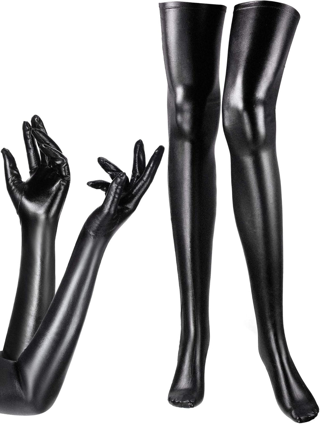 Women's Carnival Halloween Costume Elastic Spandex Shiny Wet Long Gloves and Thigh High Stockings