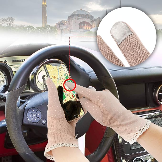 4 Pairs Summer Women Dots Sun Uv Protection Gloves Cotton Lace Anti-skid Driving Gloves, Black Camel Pink Beige, Medium