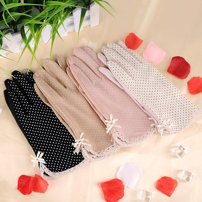 4 Pairs Summer Women Dots Sun Uv Protection Gloves Cotton Lace Anti-skid Driving Gloves, Black Camel Pink Beige, Medium