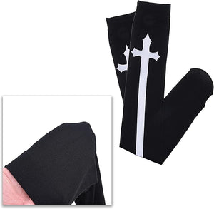 Cosplay Gothic Socks - 2 Pairs - Thigh High Halloween, Themed Party Stockings - Black and White - Printed Cross Sword Design - Novelty Hosiery for Women, Teens, Adult