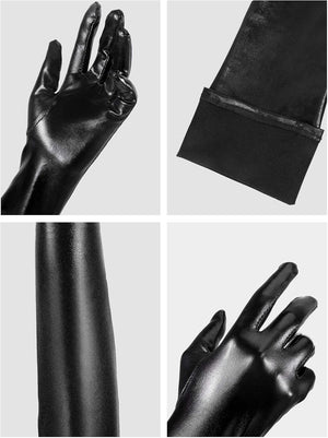Women's Carnival Halloween Costume Elastic Spandex Shiny Wet Long Gloves and Thigh High Stockings